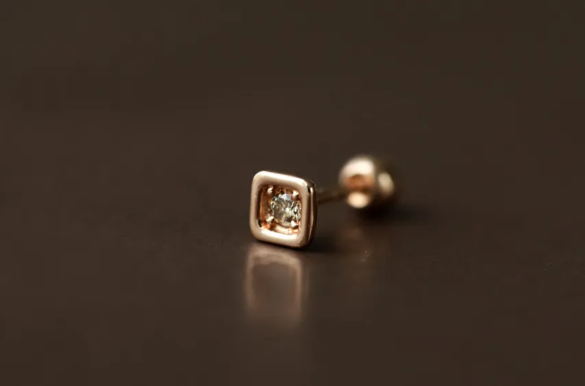 14K Solid Gold Cognac Diamond Square Tragus Cartilage Helix Conch Earring Barbell Piercing Stud