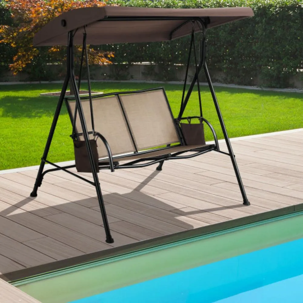 2-Person Patio Swing with Adjustable Canopy and 2 Storage Pocket-Brown