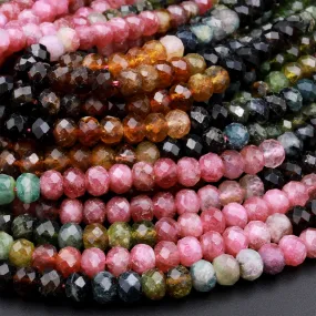 AA Natural Multicolor Watermelon Tourmaline Micro Faceted Rondelle Beads 3mm 4mm 5mm 6mm Pink Green Blue Cognac Gemstone 15.5" Strand