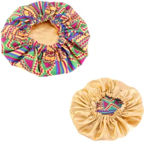 African Purple Green Kente Print Hair Bonnet ( Gold Satin lined  reversable Night sleep cap )