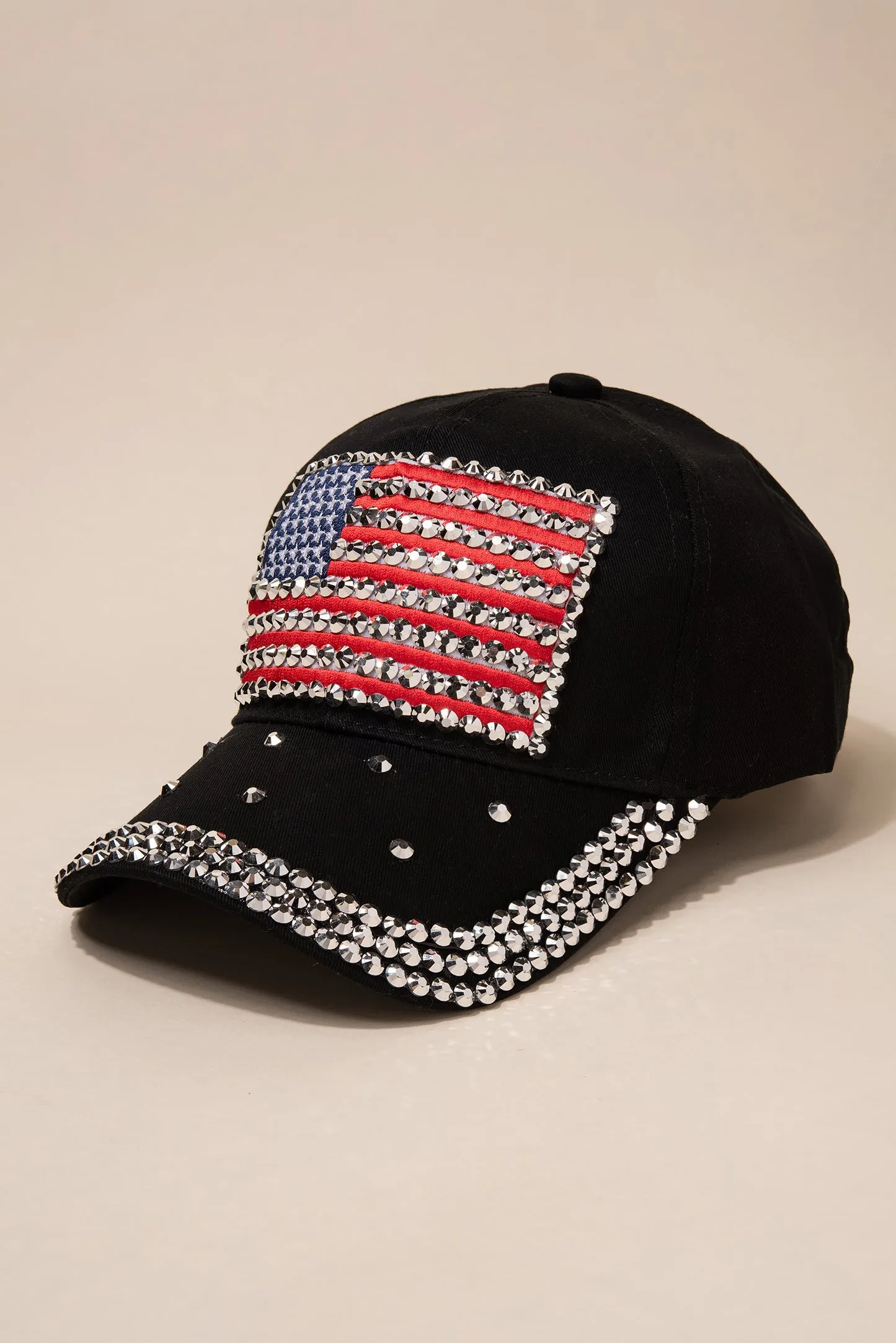 American Flag Cap with 3 Line Rhinestone Brim