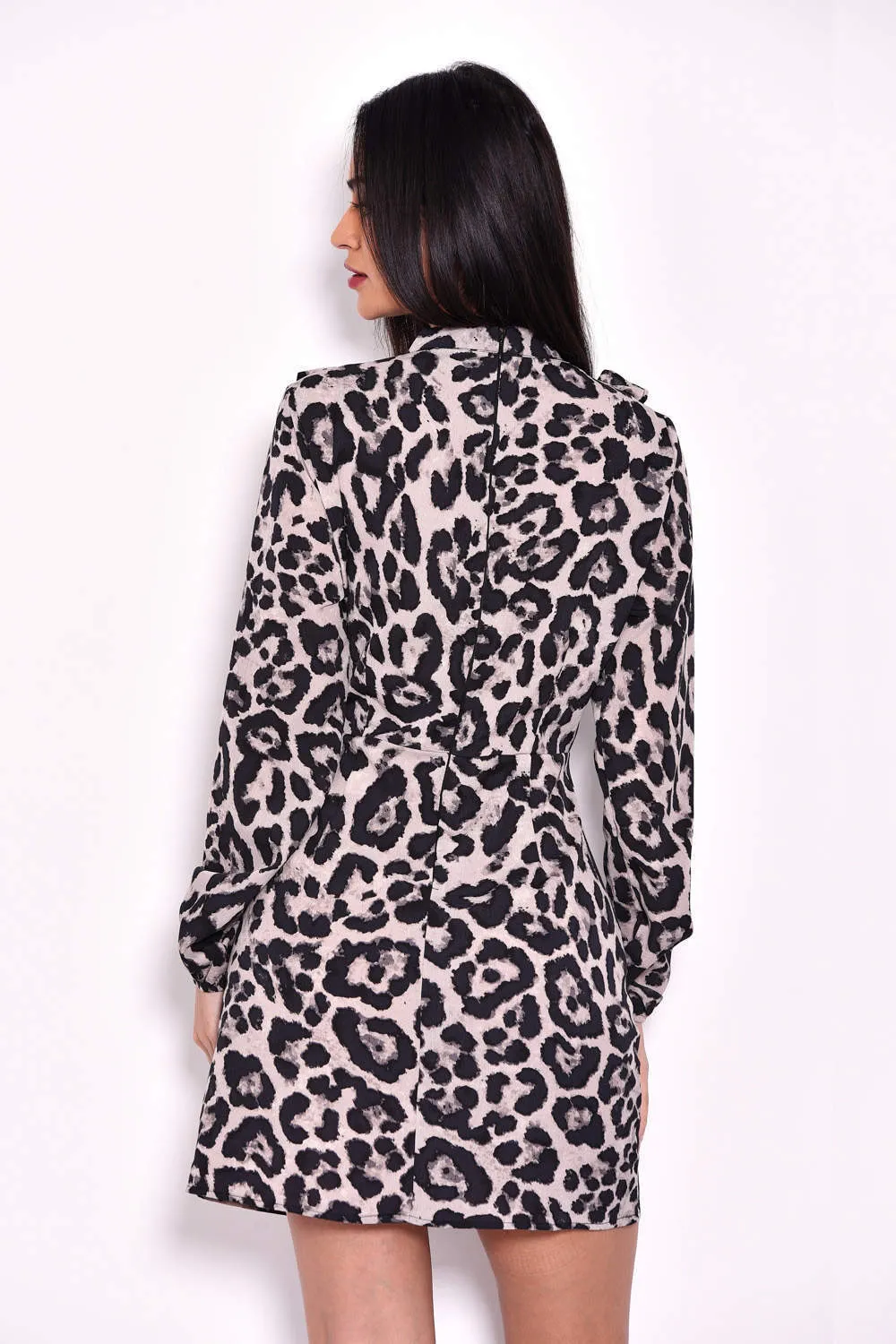 Animal Print Long Sleeve Frill Dress