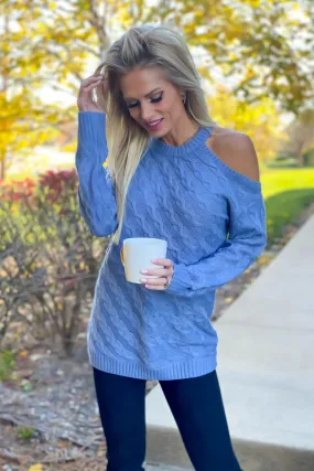 Back To My Roots One Cold Shoulder Cable Knit Sweater : Blue