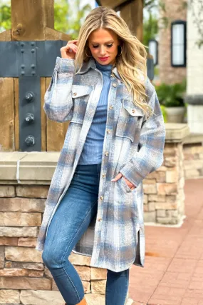 Belong To You Button Down Long Plaid Shacket : Blue/White