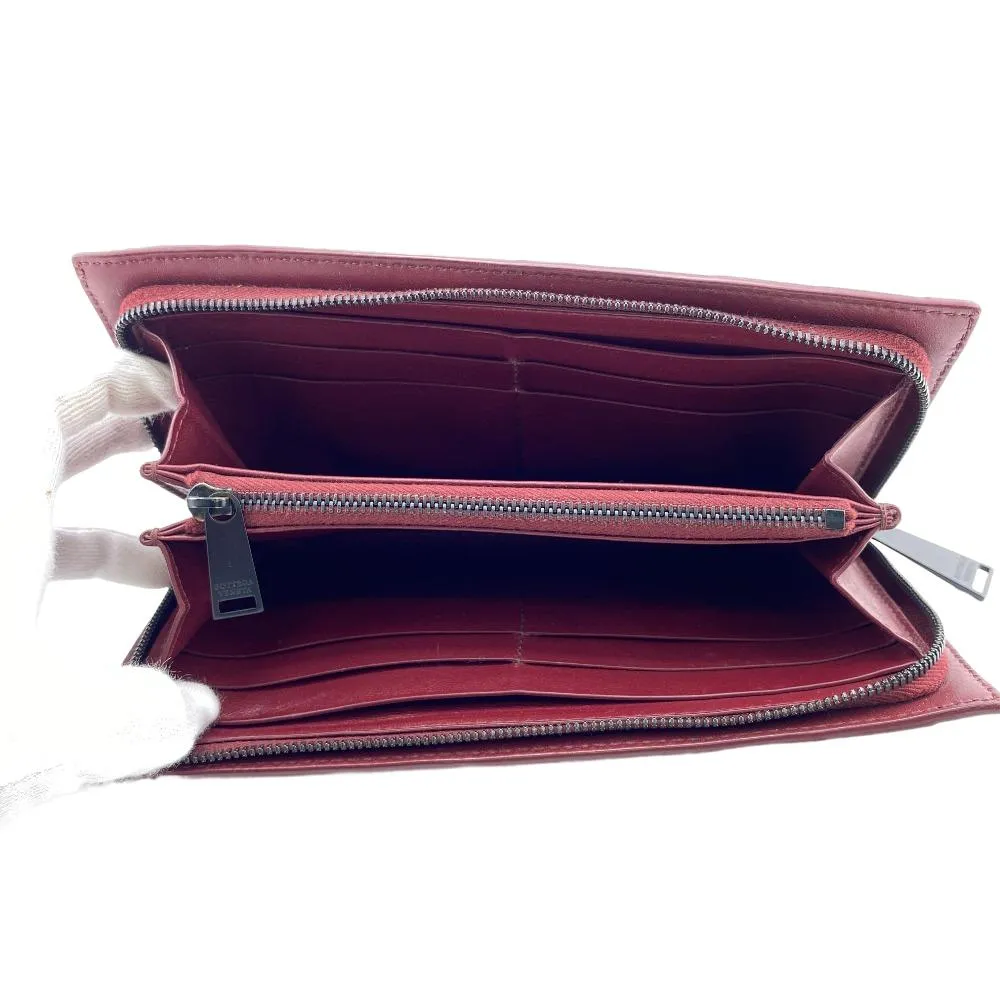 BOTTEGAVENETA Long Wallet Purse leather Red Zip Around MAXI INTRECCIATO mens Used Authentic