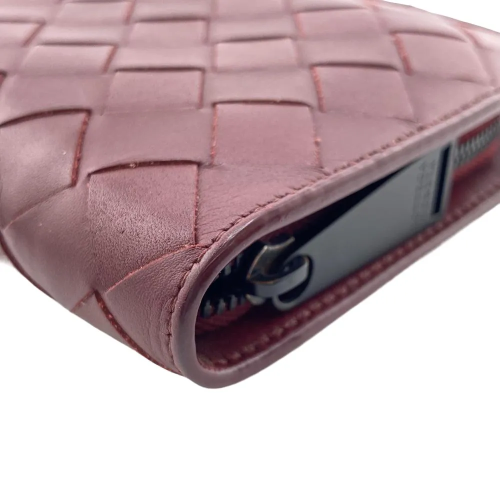 BOTTEGAVENETA Long Wallet Purse leather Red Zip Around MAXI INTRECCIATO mens Used Authentic