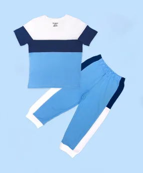 Boys Shades Of Blue Colorblock Half Sleeves T-Shirt & Lounge Pant Set