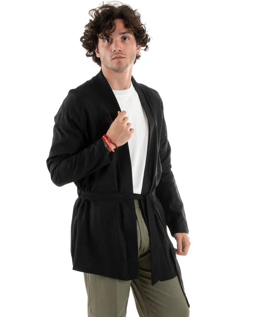 Cardigan Uomo Maglia Maglioncino Lino Kimono Con Cintura Tinta Unita Nero GIOSAL-M2660A