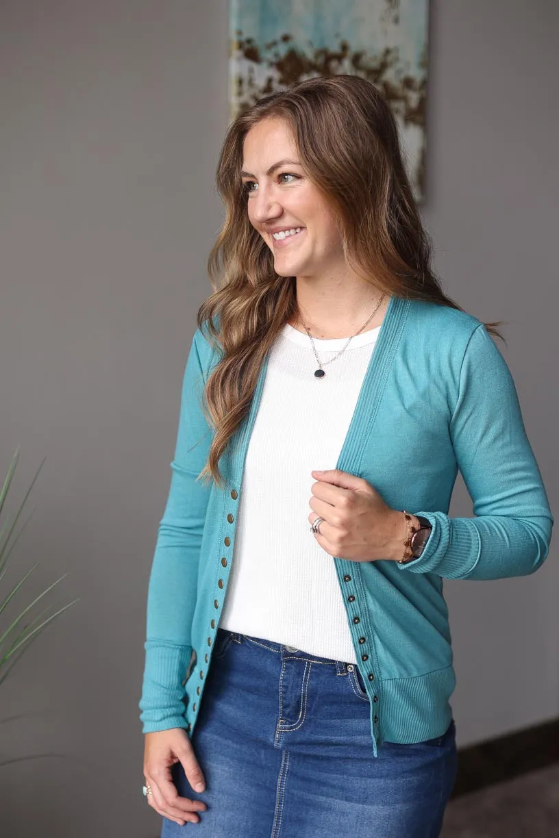 Dusty Teal Snap Cardigan • S