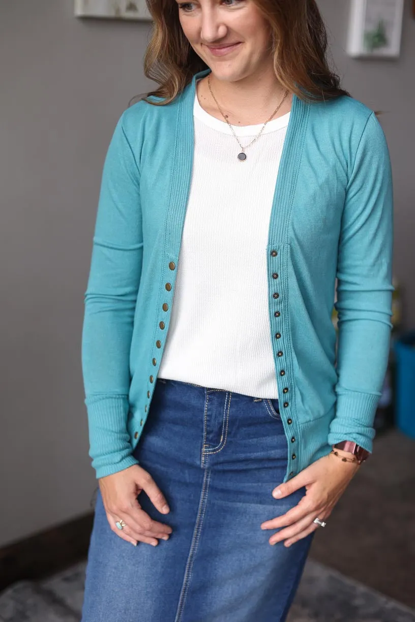 Dusty Teal Snap Cardigan • S