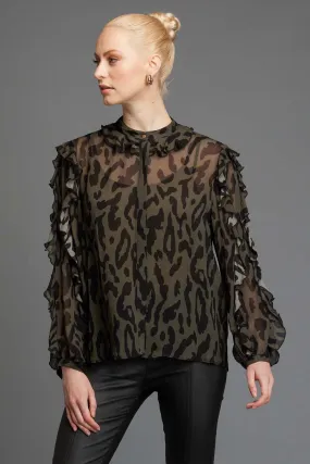 Fate   Becker Dreaming Frill Sleeve Top in Khaki Animal