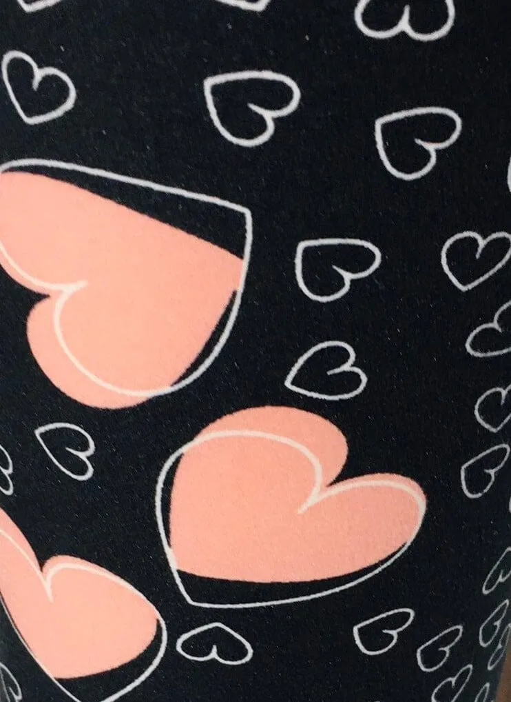 Girls Valentines Day Heart Leggings, Kids Yoga Pants, Sizes S/L, No-Roll Waist, Pink