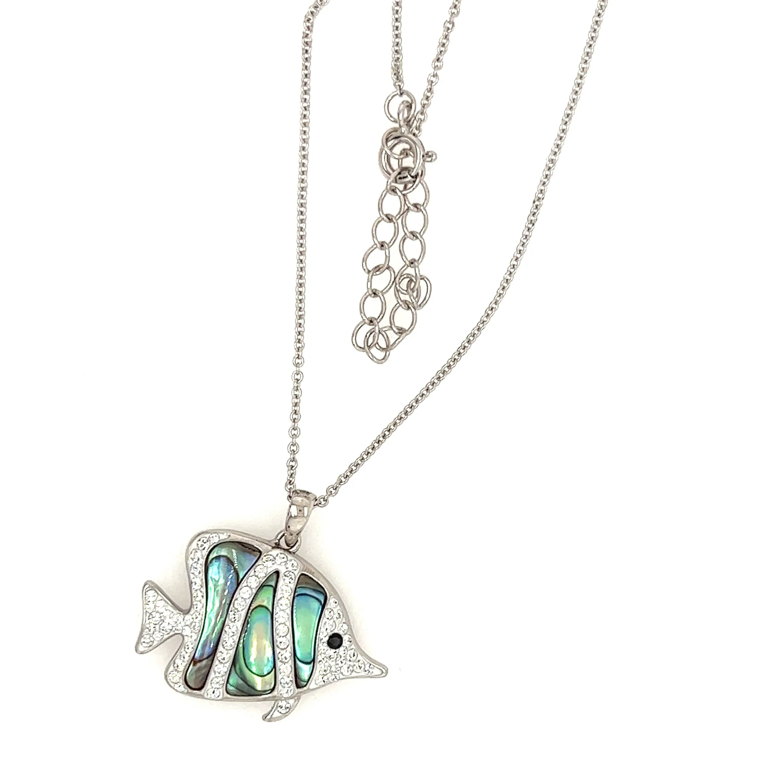 Hippo Tang Fish Necklace with Abalone Shell and White Crystals in Sterling Silver