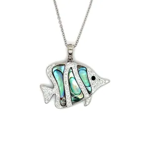 Hippo Tang Fish Necklace with Abalone Shell and White Crystals in Sterling Silver