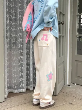 Joggers with Kawaii Music Key and Star Patches