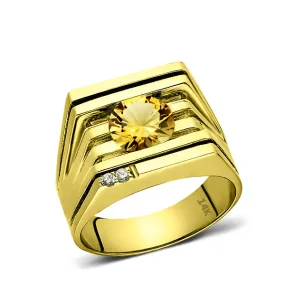 Mens Ring REAL Solid 14K YELLOW GOLD with Citrine and 2 DIAMOND Accents