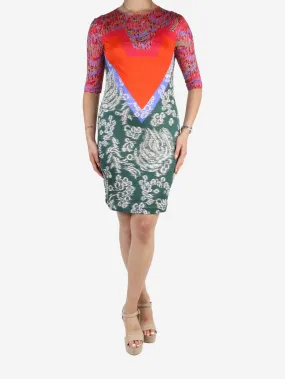 Multicolour printed bodycon silk midi dress - size UK 10