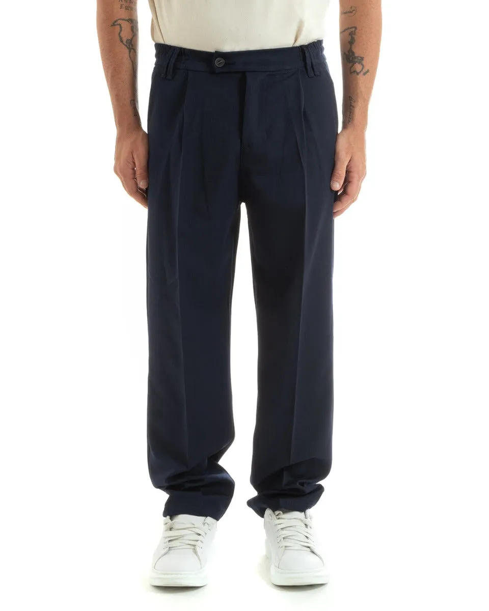 Pantaloni Uomo Baggy Lungo Fondo Largo Elastico Sul Retro Abbottonatura Allungata Blu Casual Elegante GIOSAL-P5916A