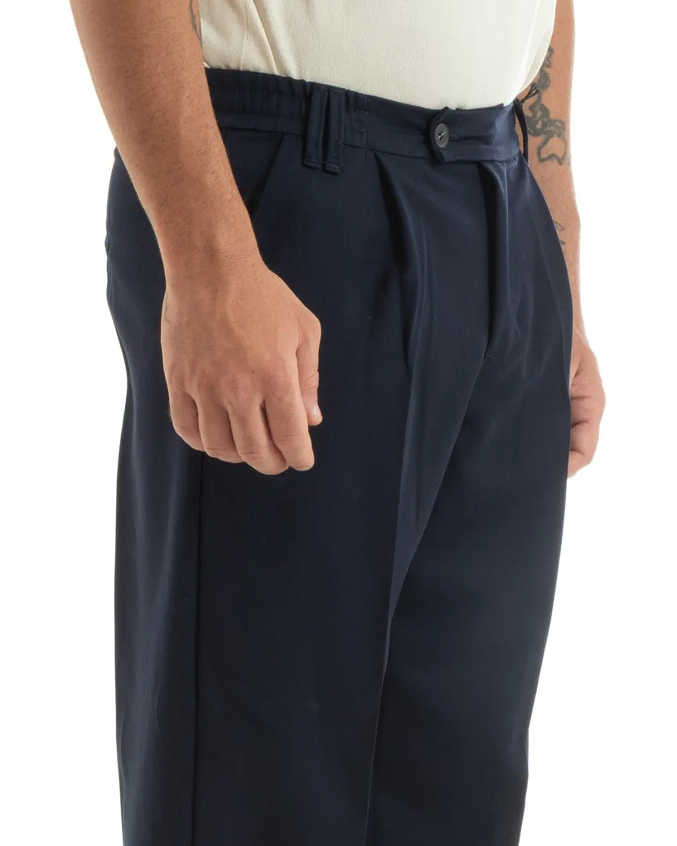 Pantaloni Uomo Baggy Lungo Fondo Largo Elastico Sul Retro Abbottonatura Allungata Blu Casual Elegante GIOSAL-P5916A