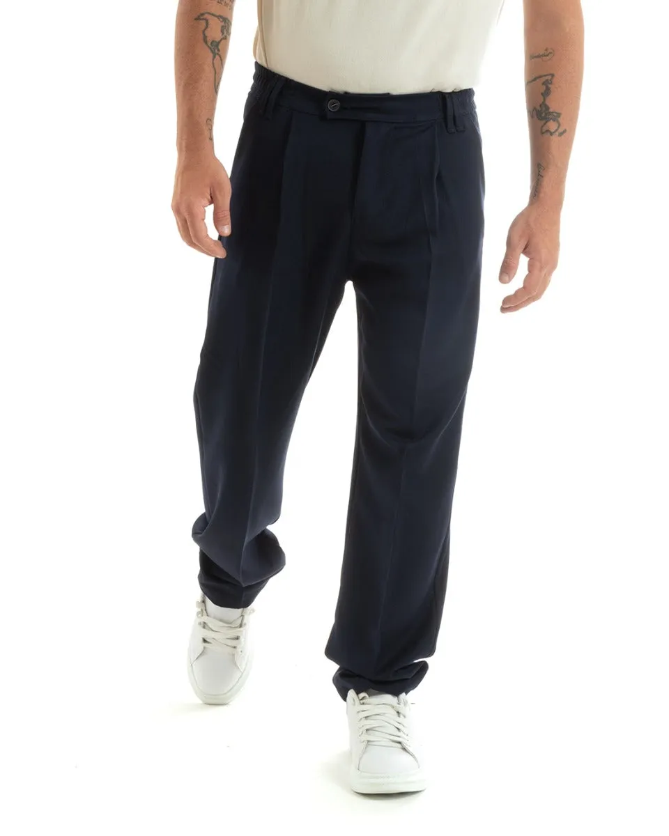 Pantaloni Uomo Baggy Lungo Fondo Largo Elastico Sul Retro Abbottonatura Allungata Blu Casual Elegante GIOSAL-P5916A