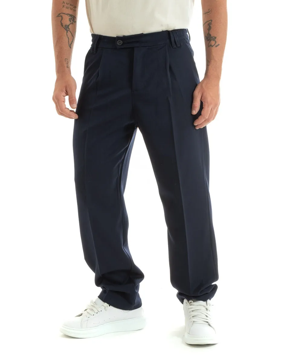 Pantaloni Uomo Baggy Lungo Fondo Largo Elastico Sul Retro Abbottonatura Allungata Blu Casual Elegante GIOSAL-P5916A