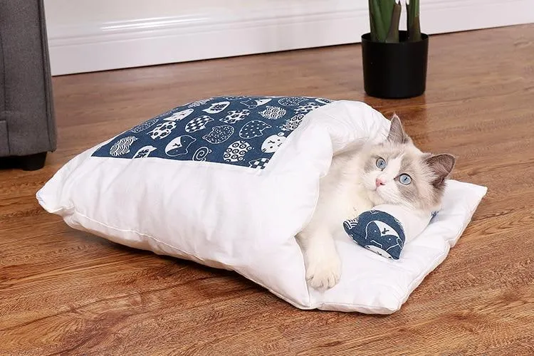 PETLAVISH™ Burrow Calming Cat/Puppy Sleeping Bag - Cozy Plush Kennel w/ Pillow