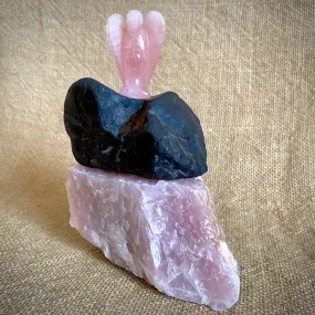 Rose Quartz Angel on Raw Rose Quartz, River Tumbled Shungite Stack