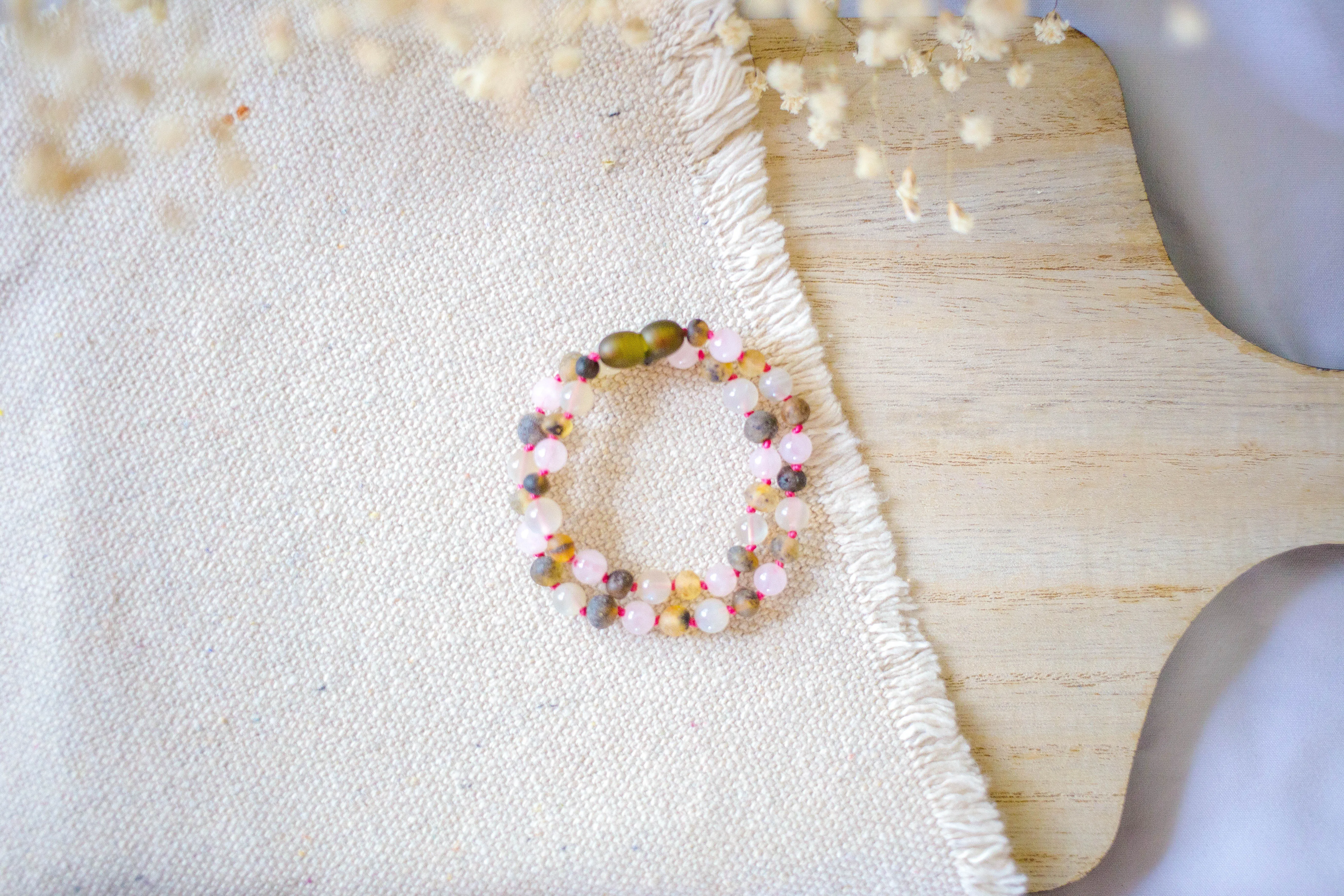 Rose Quartz   Raw Green Baltic Amber Teething Necklace ll Teething