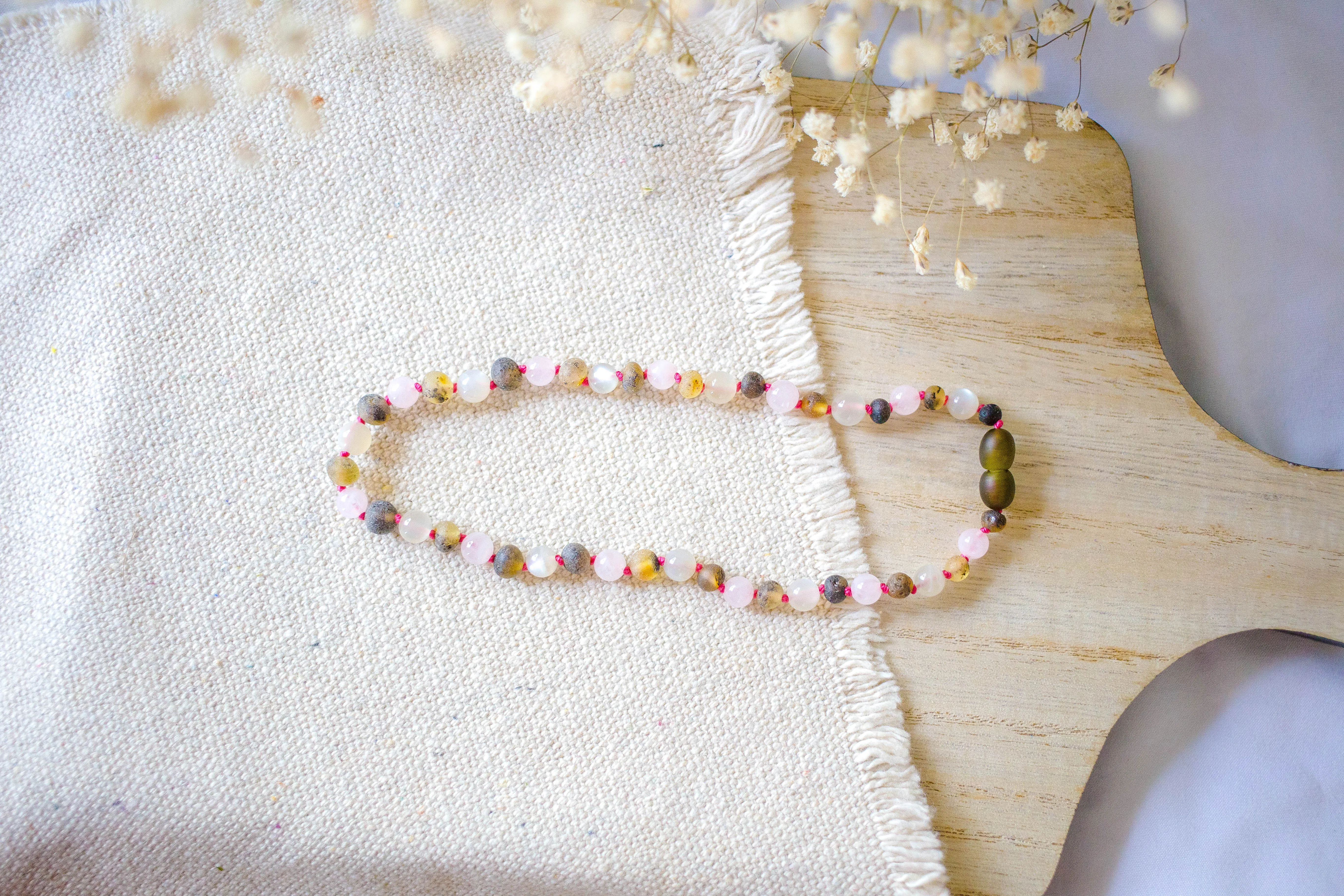 Rose Quartz   Raw Green Baltic Amber Teething Necklace ll Teething