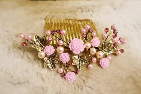 Sale! Pink Flower Hair Accessory, Pearl Hair comb, Gold hair accessory, Flower leaf hair comb, Wedding hair jewelry, Bridesmaid hair accesso