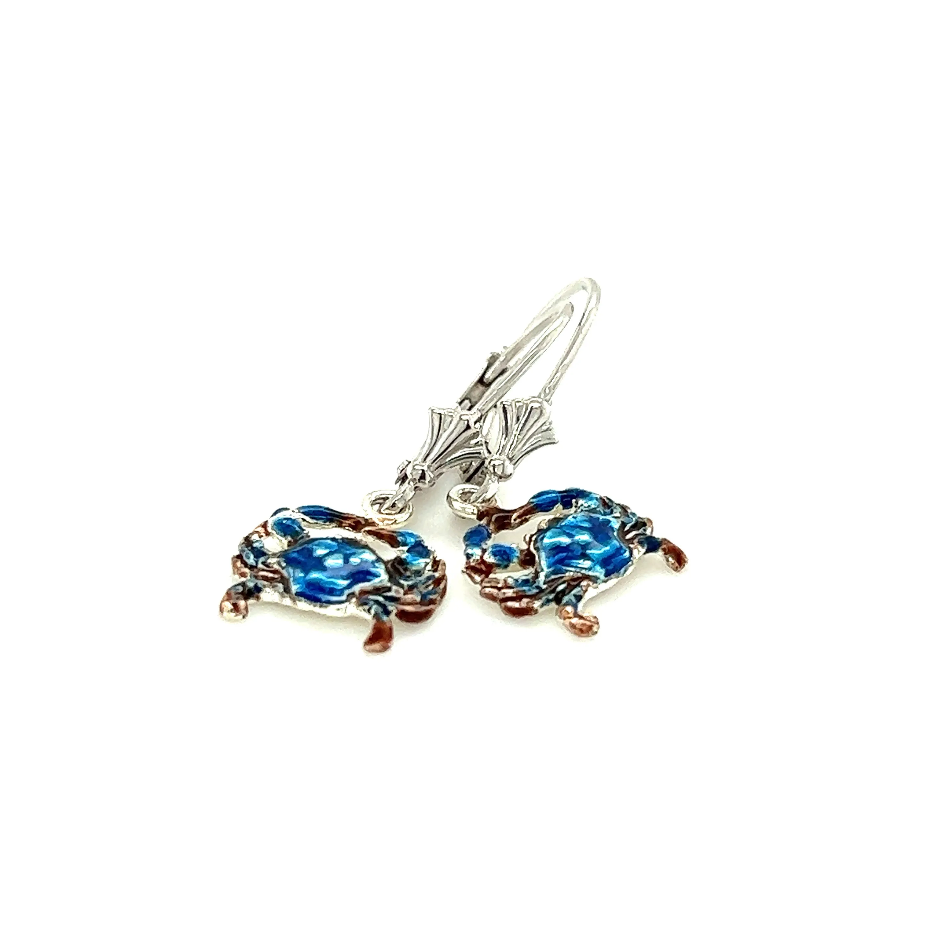 Small Blue Crab Dangle Earrings with Enameling in Sterling Silver