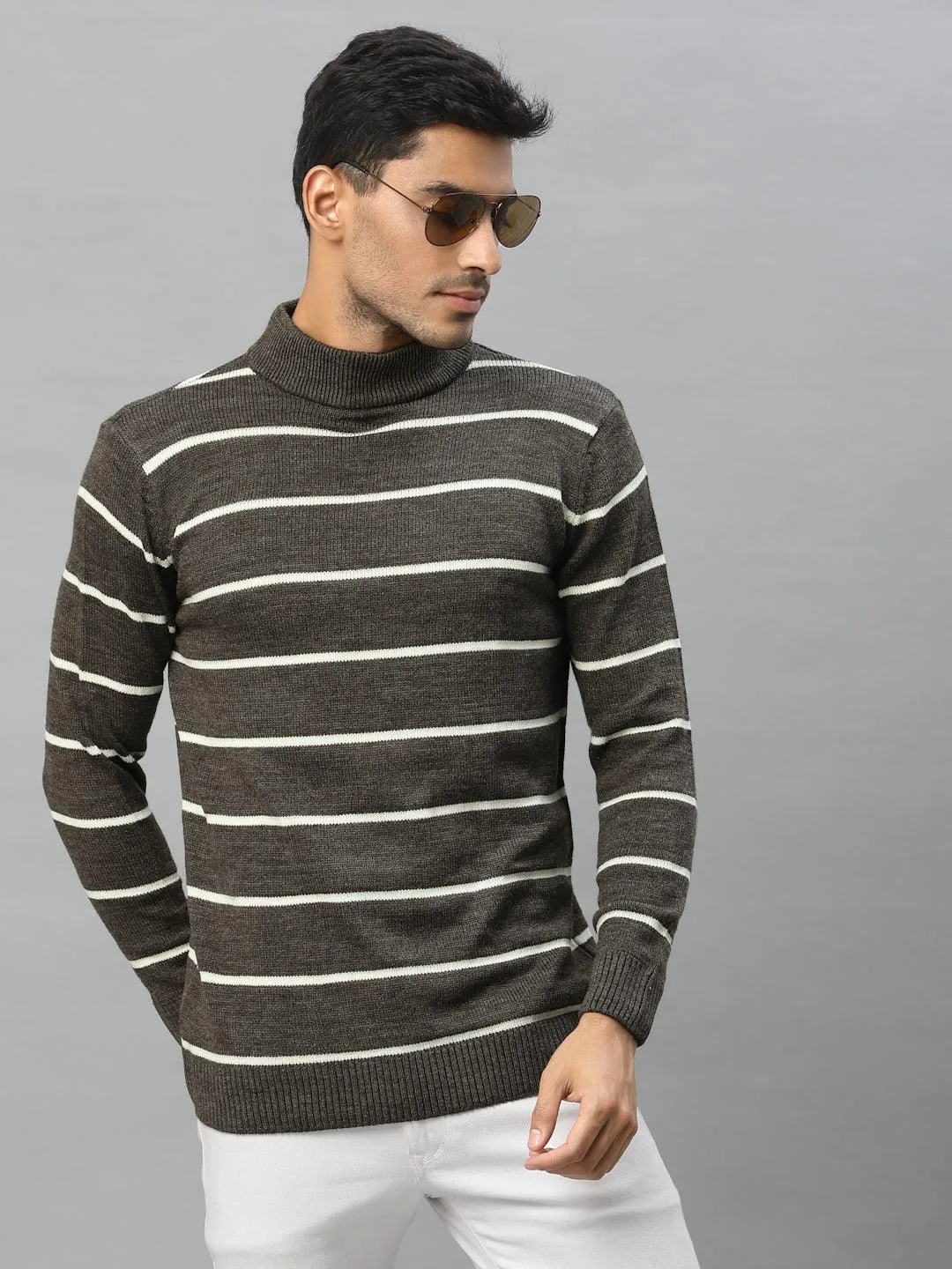 Style Quotient Men Brown & White Striped Pullover