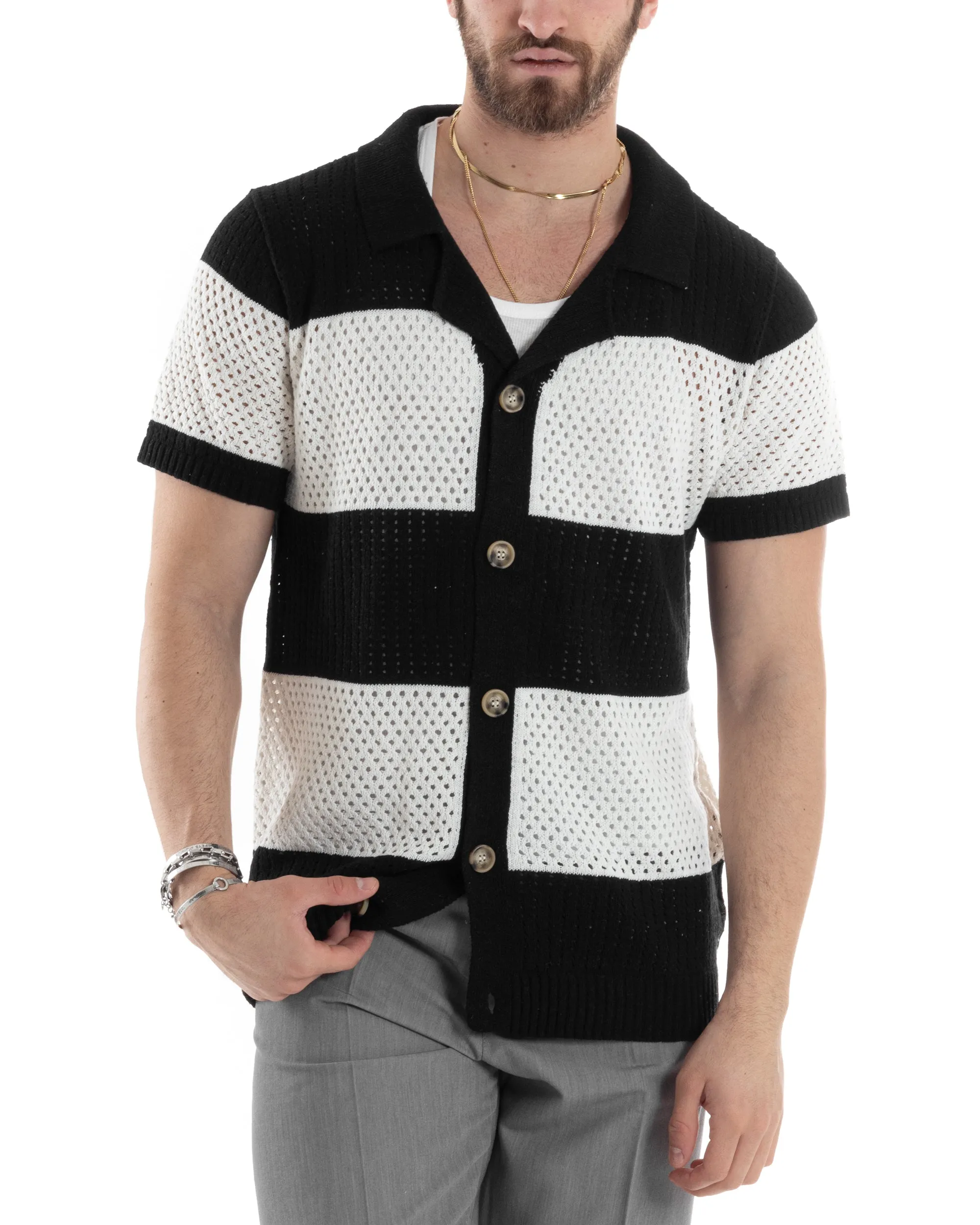 T-shirt Uomo Maglia Polo Traforata Ricamata Cardigan Manica Corta Con Bottoni A Righe Nero Casual GIOSAL-TS3001A