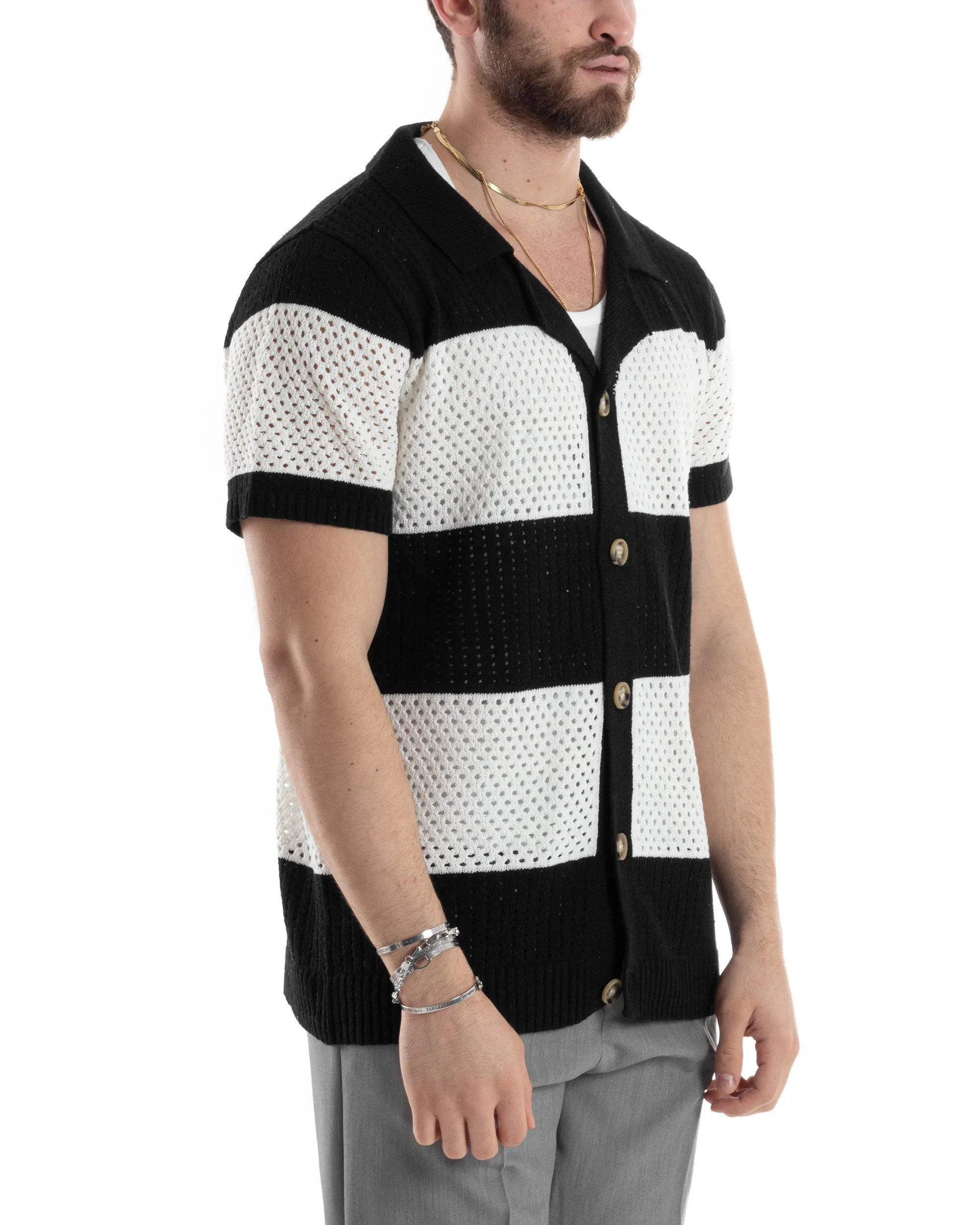 T-shirt Uomo Maglia Polo Traforata Ricamata Cardigan Manica Corta Con Bottoni A Righe Nero Casual GIOSAL-TS3001A