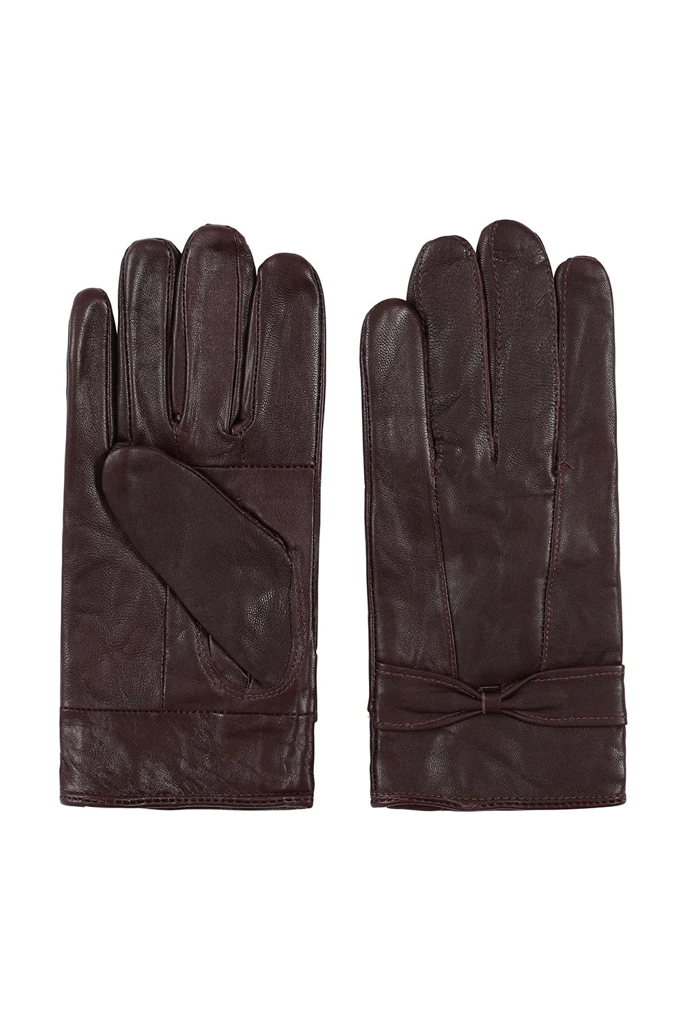 Women's Brown Genuine Leather Gloves with Bow