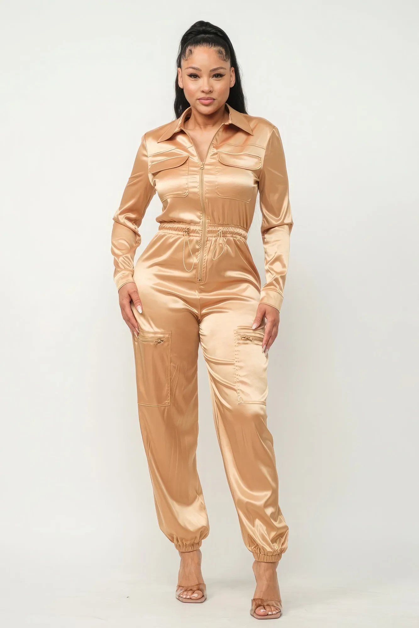 Zip Front Satin Cargo Jumpsuit